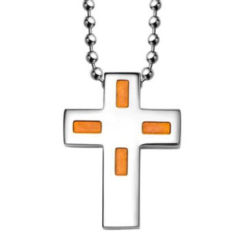 Pendentif en croix religieuse catholique en acier inoxydable à la mode avec insert jaune